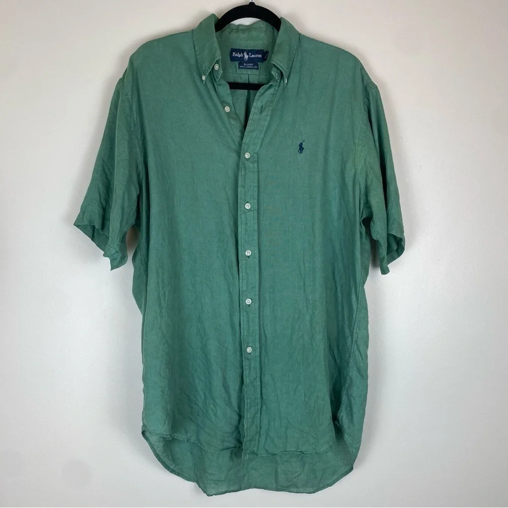Vintage Ralph Lauren Men Blaire Linen Green Button Down Shirt size Small